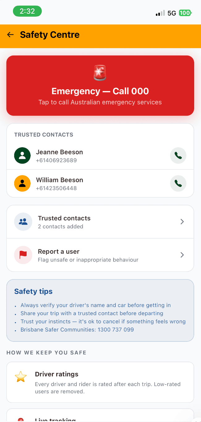 Commuti Safety Centre screen showing trusted contacts and safety tips